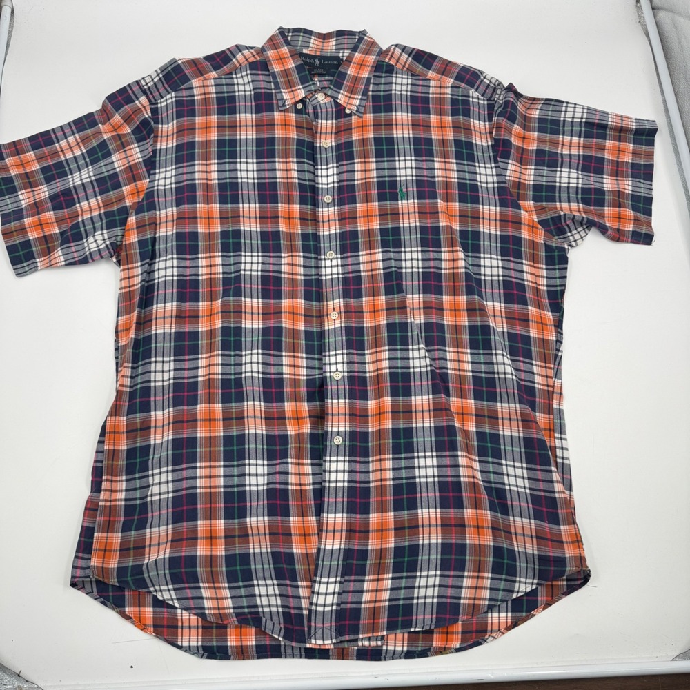 Ralph Lauren Men's Blake Plaid Short Sleeve Button Down Shirt XL Orange Navy
